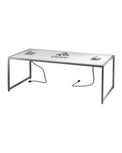 white cocktail table with custom graphic