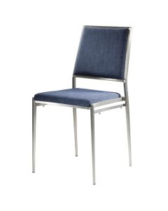 Ocean blue fabric chair with brushed metal frame. 