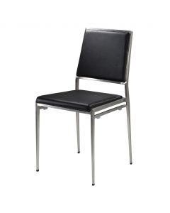 Brushed metal framed chair with black vinyl back and seat. 
