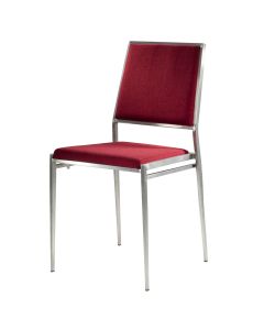 Brushed metal framed chair with red fabric seat and back.