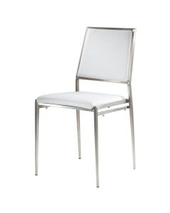 Brushed metal framed chair with white vinyl back and seat. 