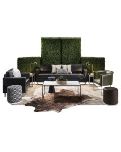 Powered event package featuring powered black vinyl soft seating, moss green accent chair, swivel ottomans,  brown accent rugs, and boxwood hedges. 