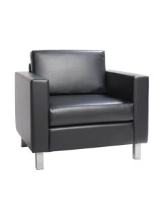 Sleek black vinyl club chair with silver brushed metal legs. 