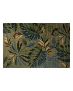 Dark green tropical print rug. 