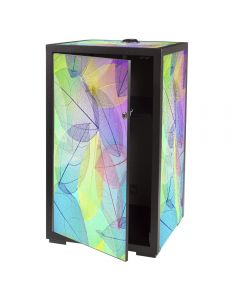Black powered locking pedestal with customizable colorful leafy applique on sides and top. 