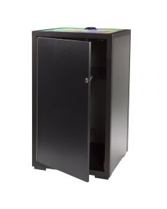 Black powered locking pedestal with customizable colorful leafy applique on top. 