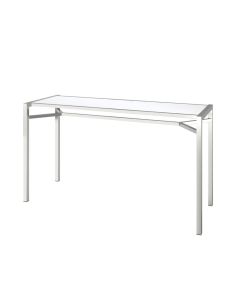 rectangular bar table with polished stainless steel frame and white acrylic top