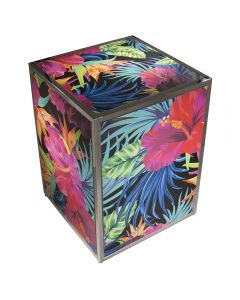 custom floral graphics on all sides of a corner bar pedestal with chrome frame