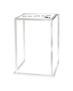 square bar table with chrome frame and a custom top with whiteboard surface