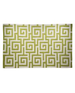 Large gray and green geometric patterned area rug.