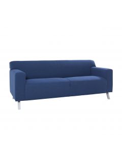 Mid-century woolco sofa with plush blue seats and brushed metal legs.