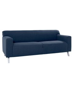Mid-century woolco sofa with plush blue seats and brushed metal legs.