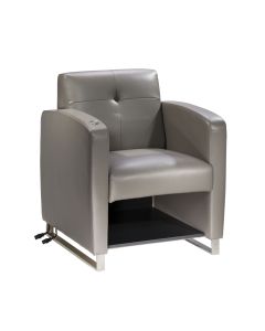 Soft dove gray vinyl powered chair with under the seat storage and chrome base. 