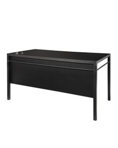 Sleek black metal laminate powered desk for meetings and conferences. 