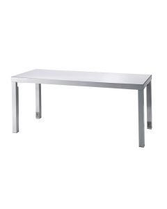Communal cafe table with white top and brushed-silver legs.