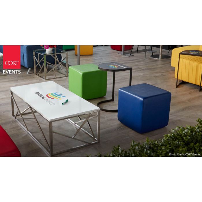 Rent the Vibe Cube Ottoman, Blue Vinyl | CORT Events