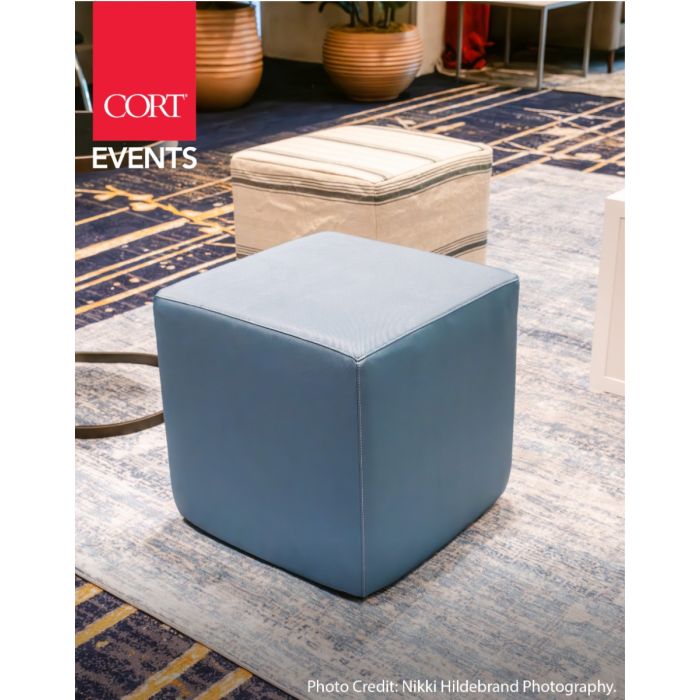 Rent the Vibe Cube Ottoman, Steel Blue Vinyl | CORT Events