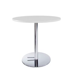 30in round event rental cafe table with white top and chrome base.