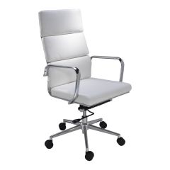 White vinyl high-back office chair with chrome swivel base. 