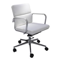 White vinyl office chair with chrome swivel base. 
