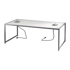 white rectangular cocktail table with 2 open charging panels