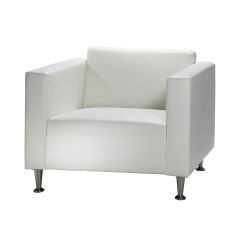 Modern white vinyl event seating club chair with flared brushed metal legs. 