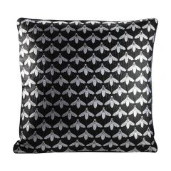Glossy black satin pillow with metallic silver bee pattern. 
