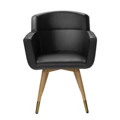 straight on view of black vinyl meeting chair with oak-look metal base