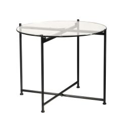 glass side table with black steel frame