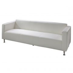 White vinyl outdoor soft seating sofa with brushed metal legs. 