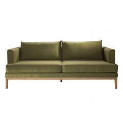 Sage green event rental sofa with beach-wood look frame. 