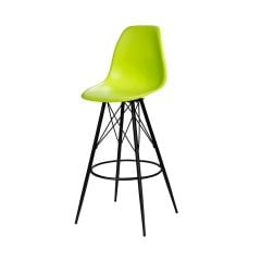 bright green barstool with molded plastic seat and black tower base