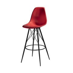 red barstool with molded plastic seat and black tower base