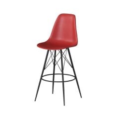 red barstool with molded plastic seat and black tower base