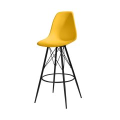 yellow plastic barstool with black steel tower base