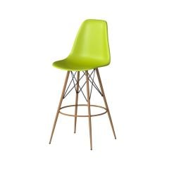 bright green barstool with with molded plastic seat and oak tower base