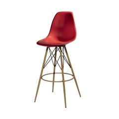 red barstool with with molded plastic seat and oak tower base