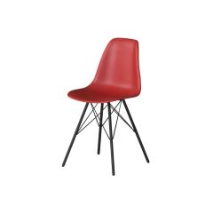 red chair with molded plastic seat and black tower base