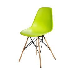 bright green chair with molded plastic seat and oak tower base