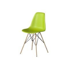 bright green chair with molded plastic seat and oak tower base