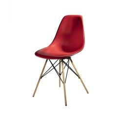 red chair with molded plastic seat and oak tower base