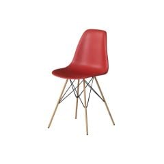 red chair with molded plastic seat and oak tower base