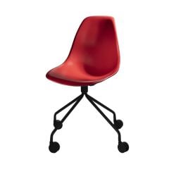 red chair with molded plastic seat and black swivel base