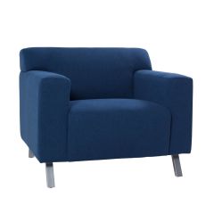 angled view of blue club chair