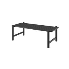 charcoal gray rectangular metal cocktail table with slatted charcoal tabletop and frame