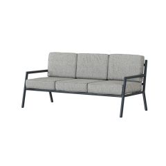 gray indoor outdoor sofa with charcoal metal frame and stone textured cushions