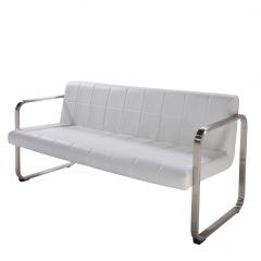 Modern white vinyl sofa with brushed metal arms and base. 