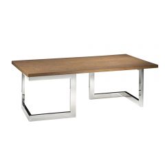 Event rental wood-top cocktail table with chrome base.