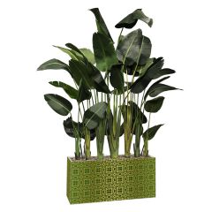 Rental havana palm divider with green and gold customizable applique on all sides. 