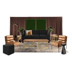 warm lounge grouping with black loveseat, cognac accent chairs and greenery